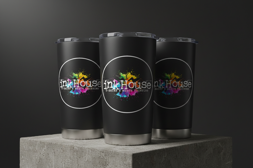InkHouse Merch custom printed black tumblers